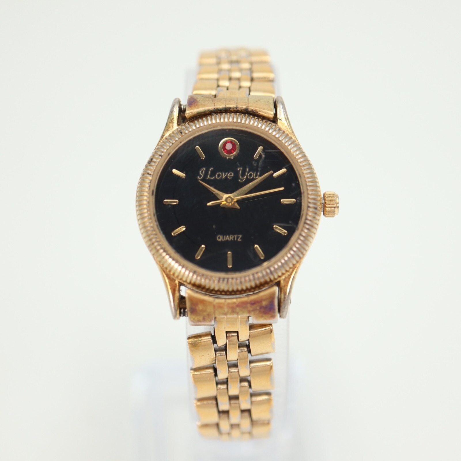Womens Gold Tone “I Love You” Watch 25mm Black Dial w Red Gem Bracelet Working