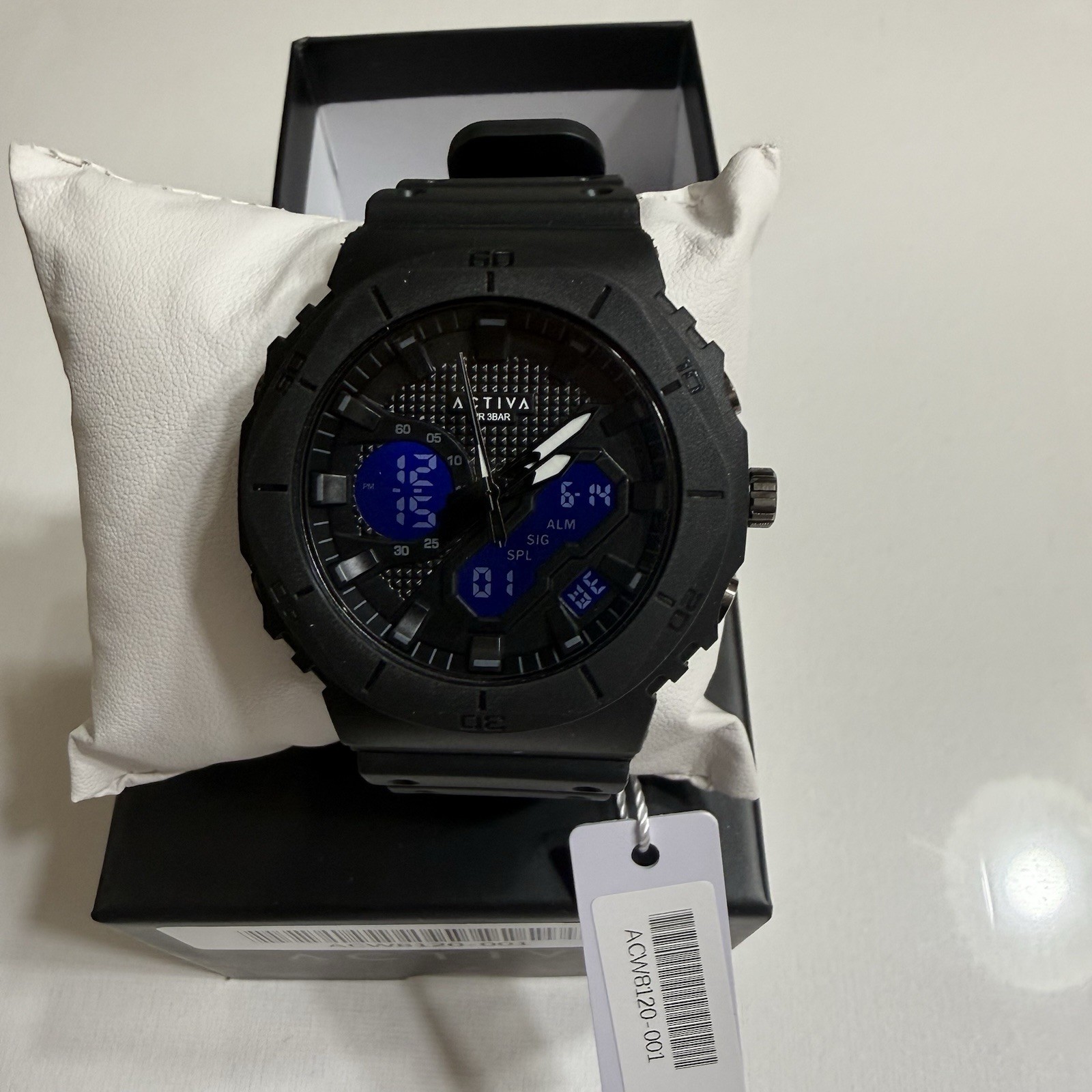 ACTIVA ACW8120-001 Ana-Digi Quartz Sport Watch 48mm Black Rubber Strap,Alarm Box