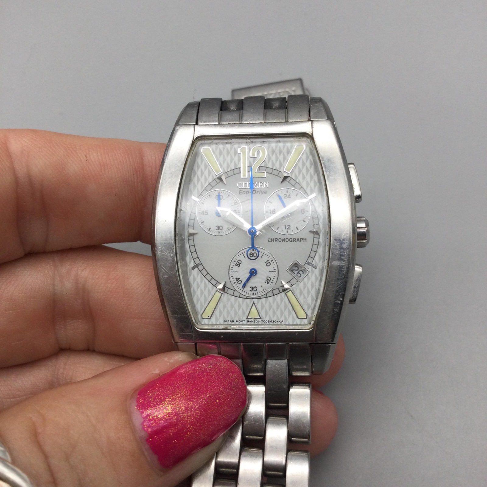 Citizen Eco-Drive Chronograph Mens Watch 32mm Silver Tone Stainless BROKEN BAND