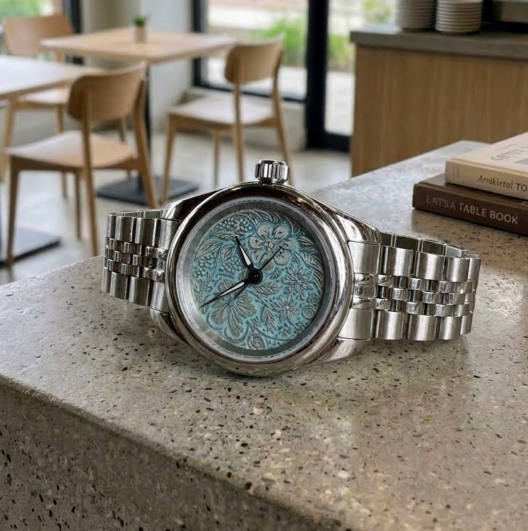 Small Case Automatic Watch, Turquoise Floral Engraved Dial, Stainless Steel
