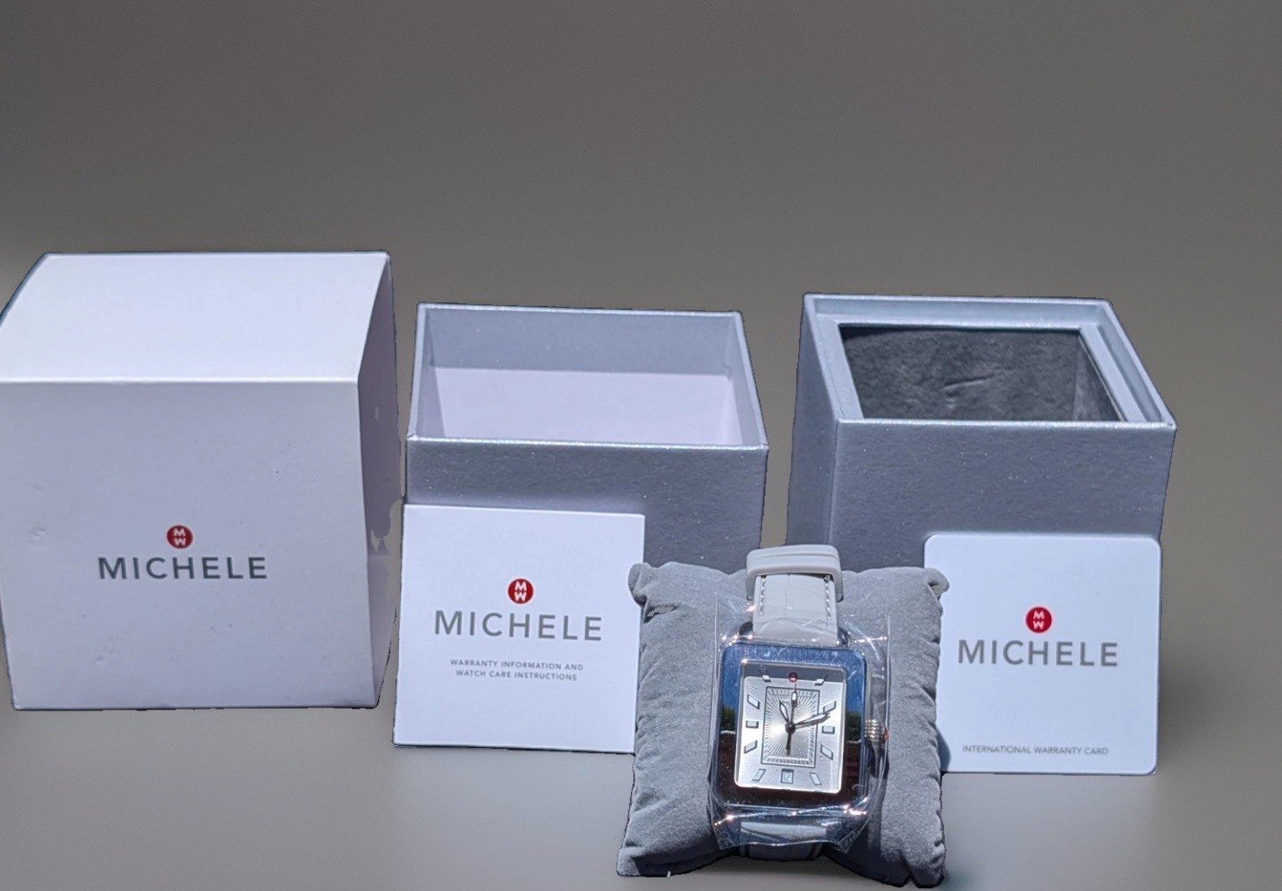 Brand New NIB MICHELE Deco Sport Grey Dial Stainless Steel Watch In Original Box