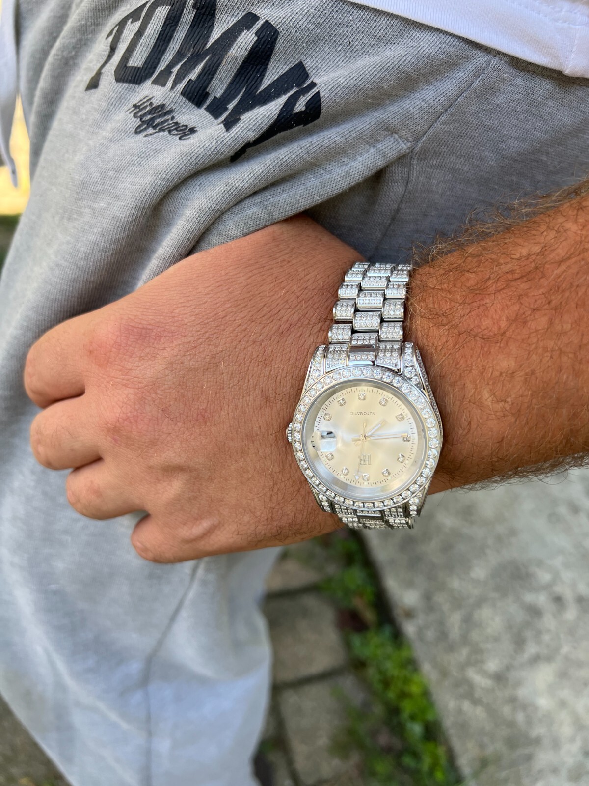 Real 13.3ct MOISSANITE Automatic Presidential Watch Silver Iced Hip Hop Pearl