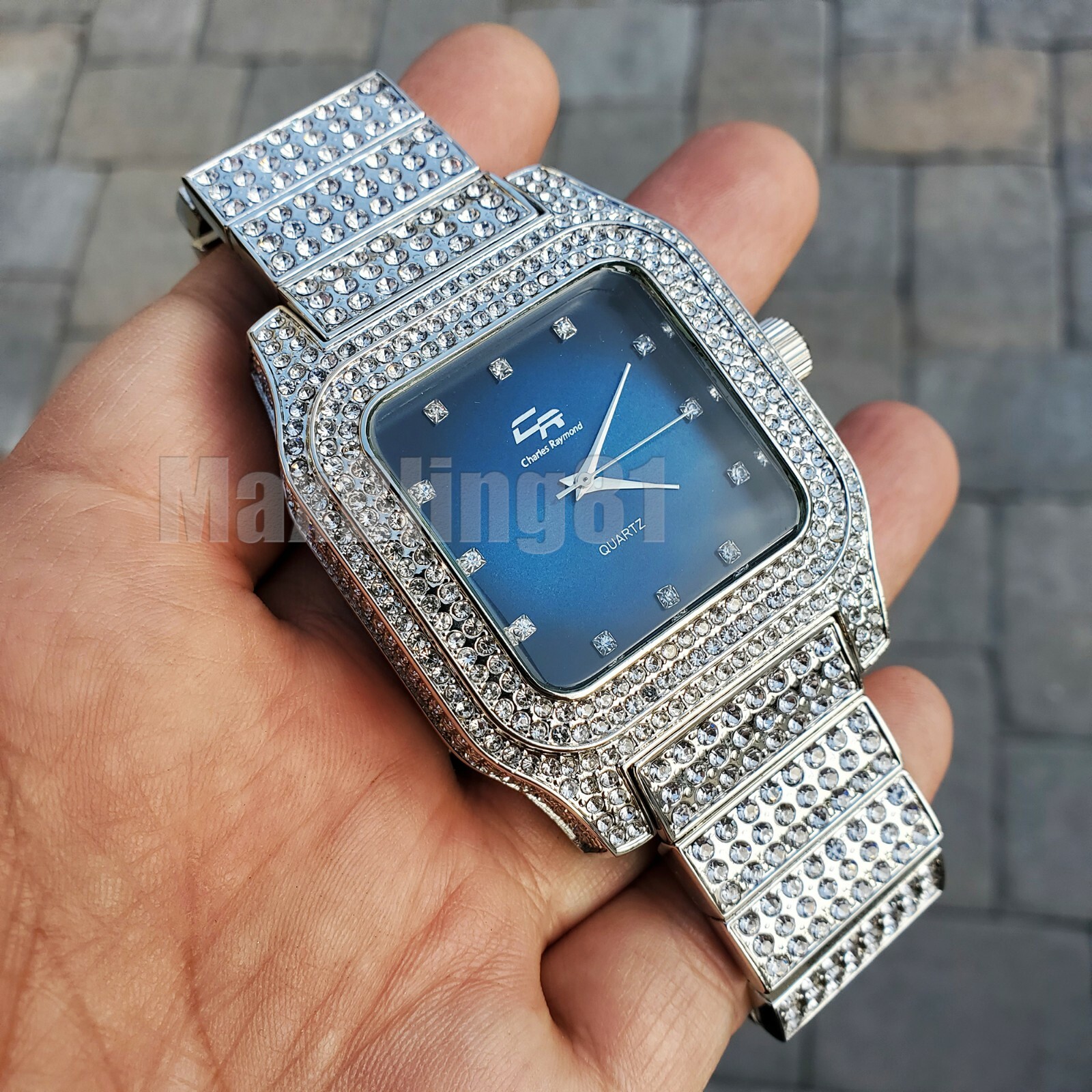 Luxury Iced White Gold Plated Blue Green Red Dial Square Lab Diamond Metal Watch