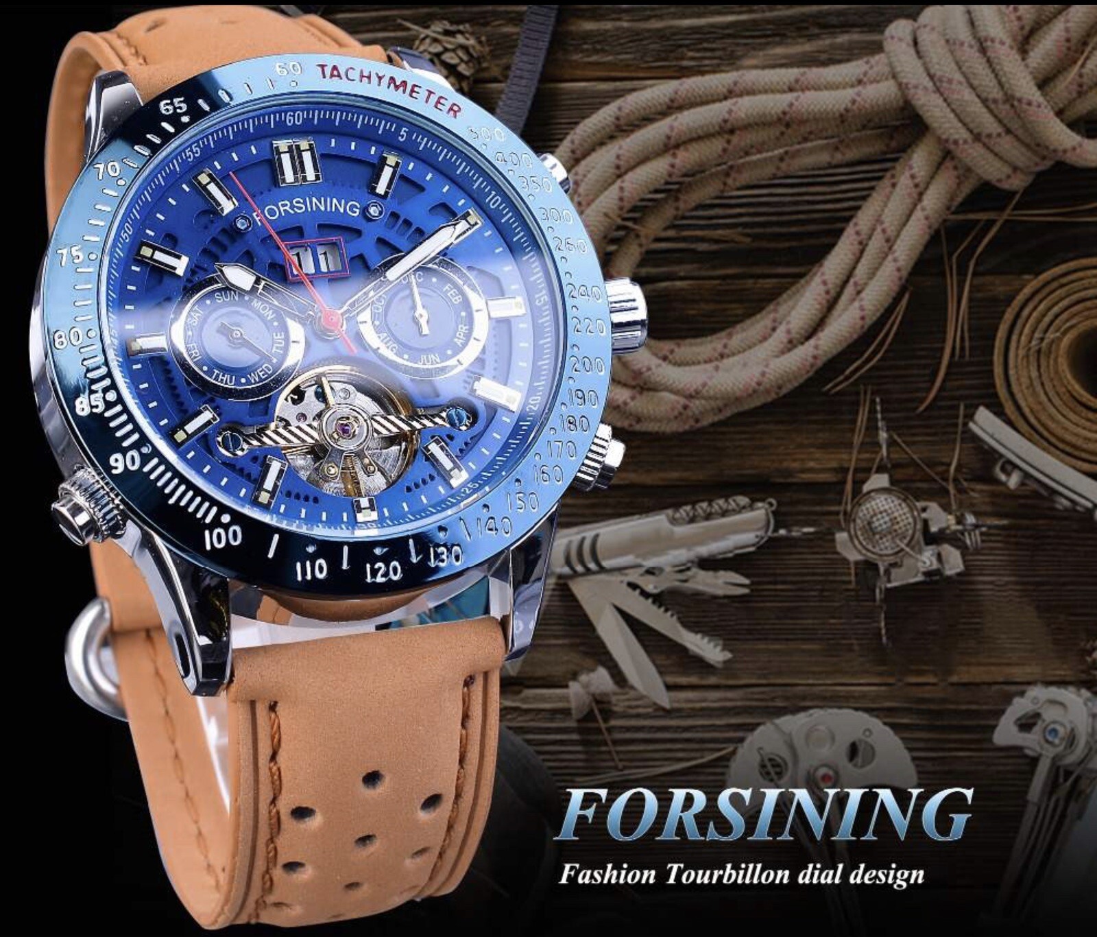 Big Tourbillion Self Winding Sport Watch. Day Month Date Waterproof Mens Watch