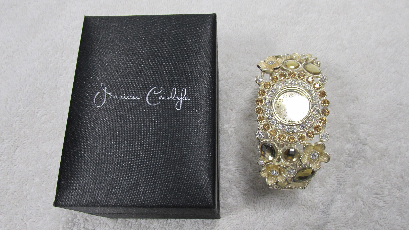 Rhinestone Floral Watch Women-Jessica Carlyle-Gold Tone Flowers Hinged Cuff