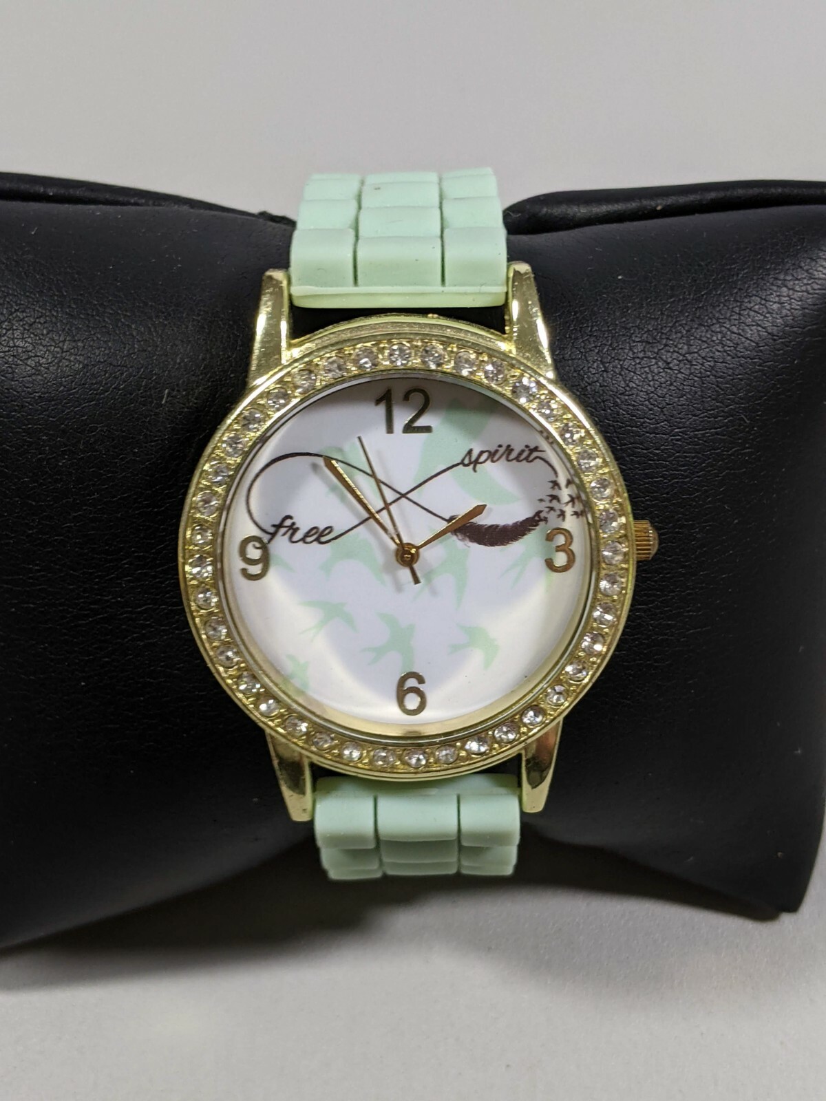 Free Aspire Gold Tone Crystal Accent Bezel Round Case 38 mm Green Band Watch