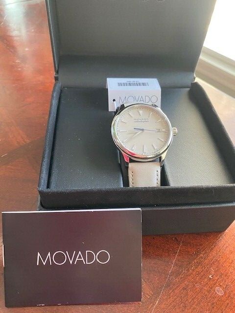 MOVADO Heritage Silver WATCH Ivory Leather Band White Dial Swiss Stainless Steel