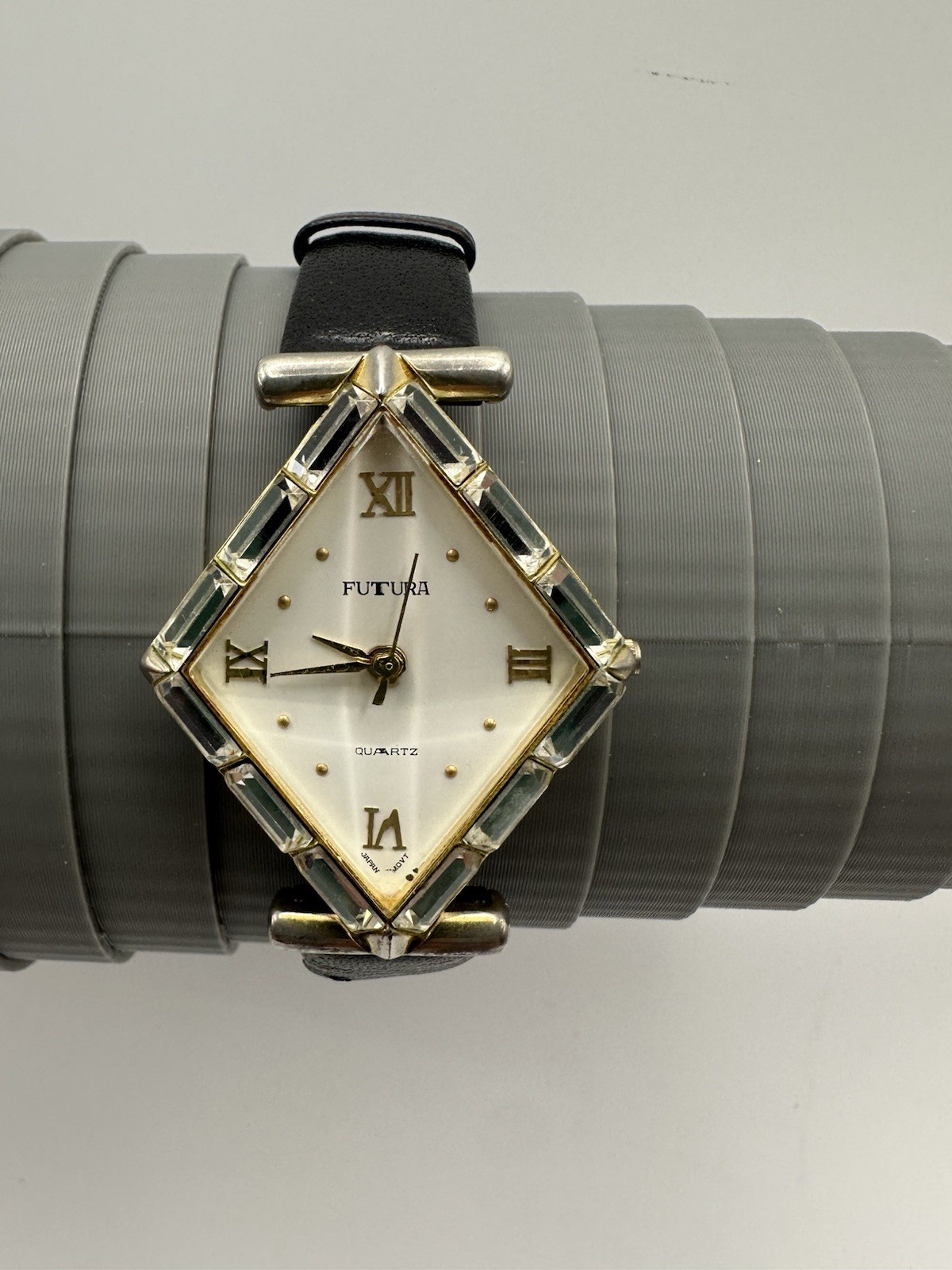 Futura Gold Tone Bling Bezel 32mm Diamond Shape Womens Watch White Dial Blk Band