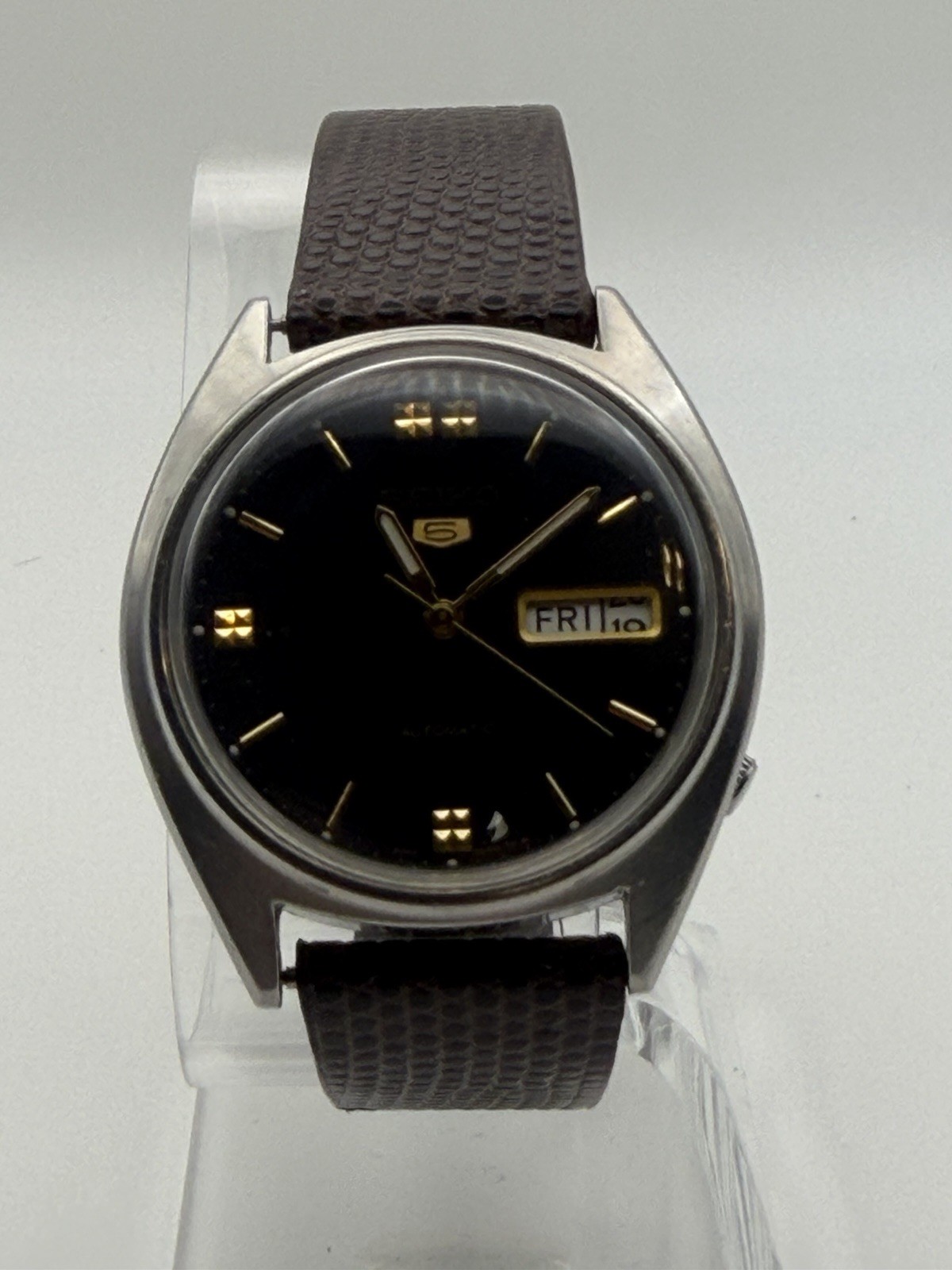 Vintage Seiko 5 Automatic 6309-8840 Black Dial Gold Markers Day Date Watch