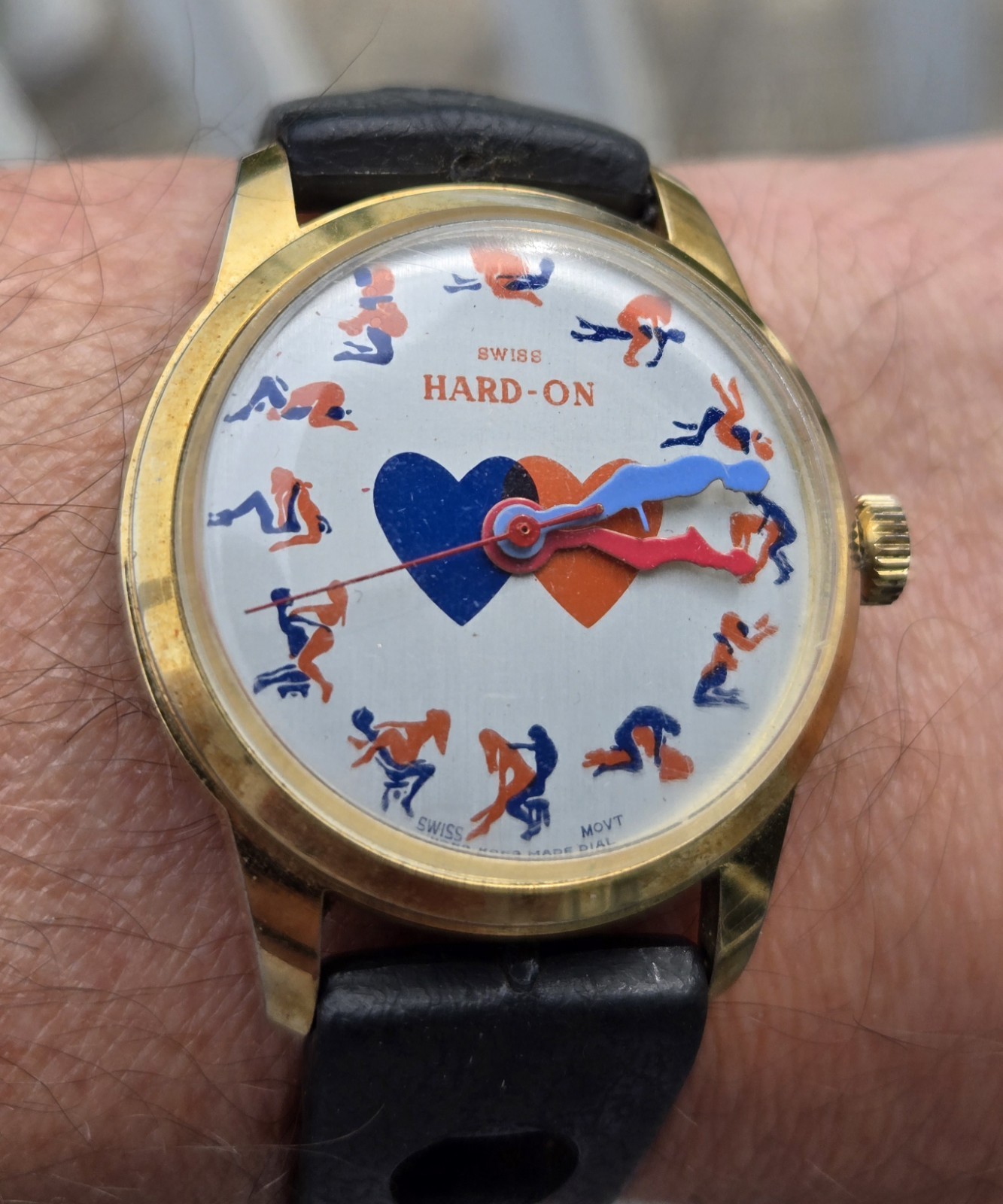 1970s Swiss Hard-On Novelty Watch with Blue/Pink Theme Dial; Running