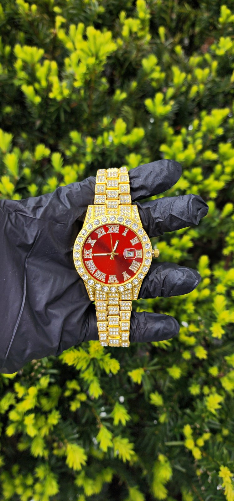 Gold Tone Iced Out Analog Wristwatch Red/Blue Dial Date Roman Numerals