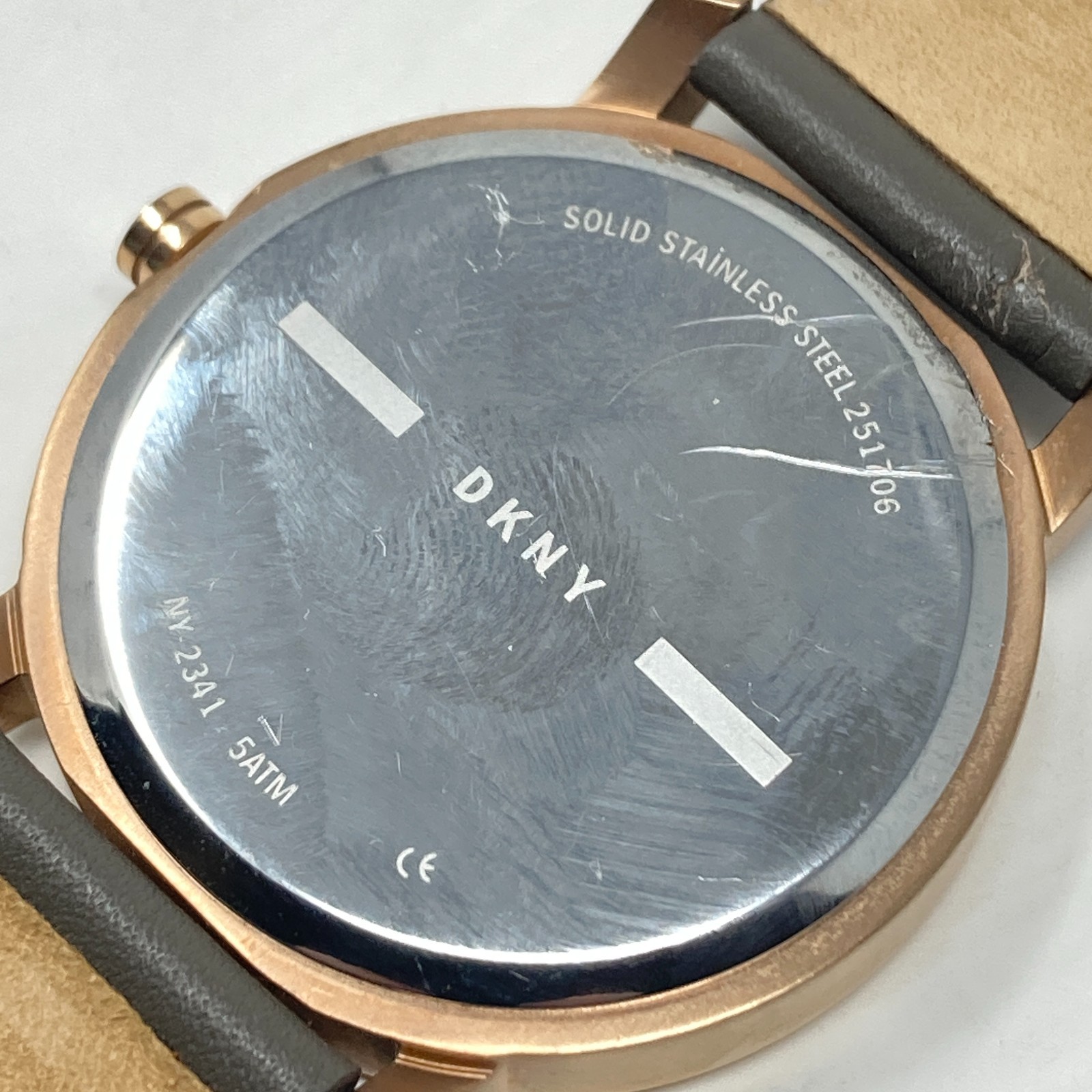 DKNY Watch Women 34mm Rose Gold Tone Gray Leather Band 50M WR New Battery 8.75″