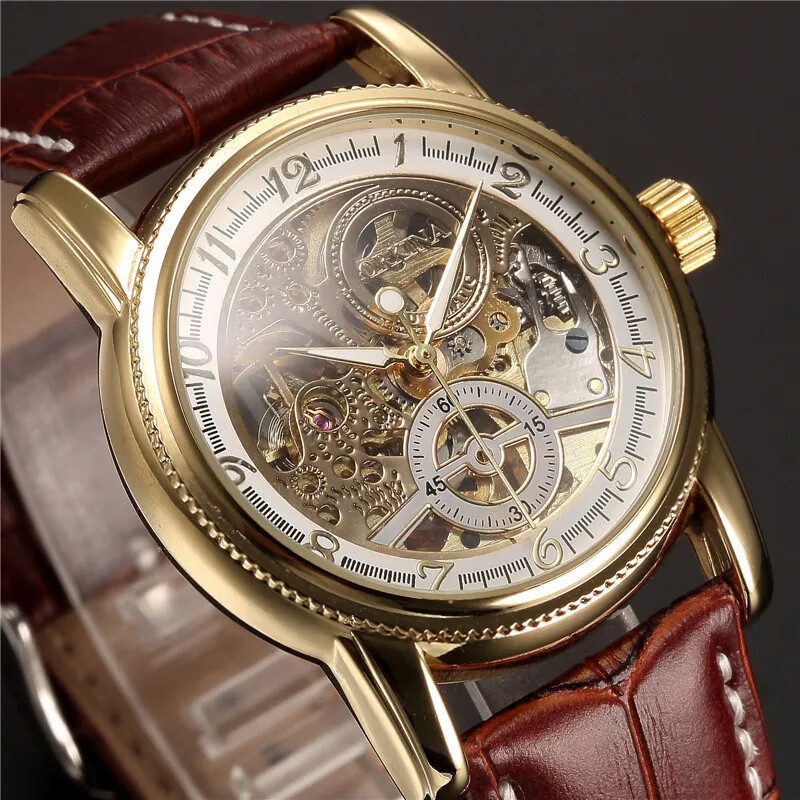 Relojes de pulsera para hombre dorados mecánicos automáticos de cuero resistente
