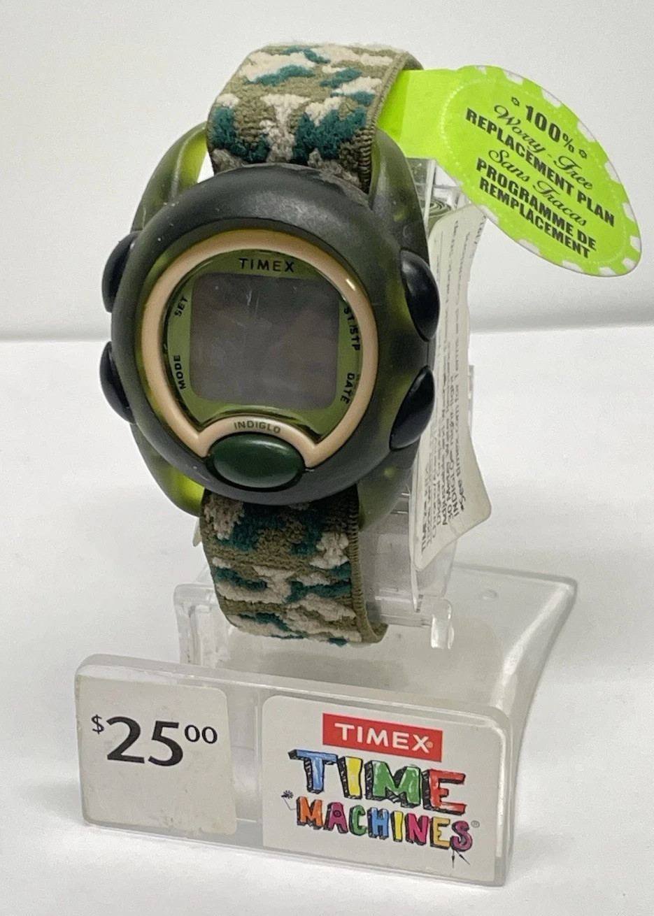 Vtg Timex Time Machines Digital Watch Kids Camo Strap Child Indiglo Chrono Alarm