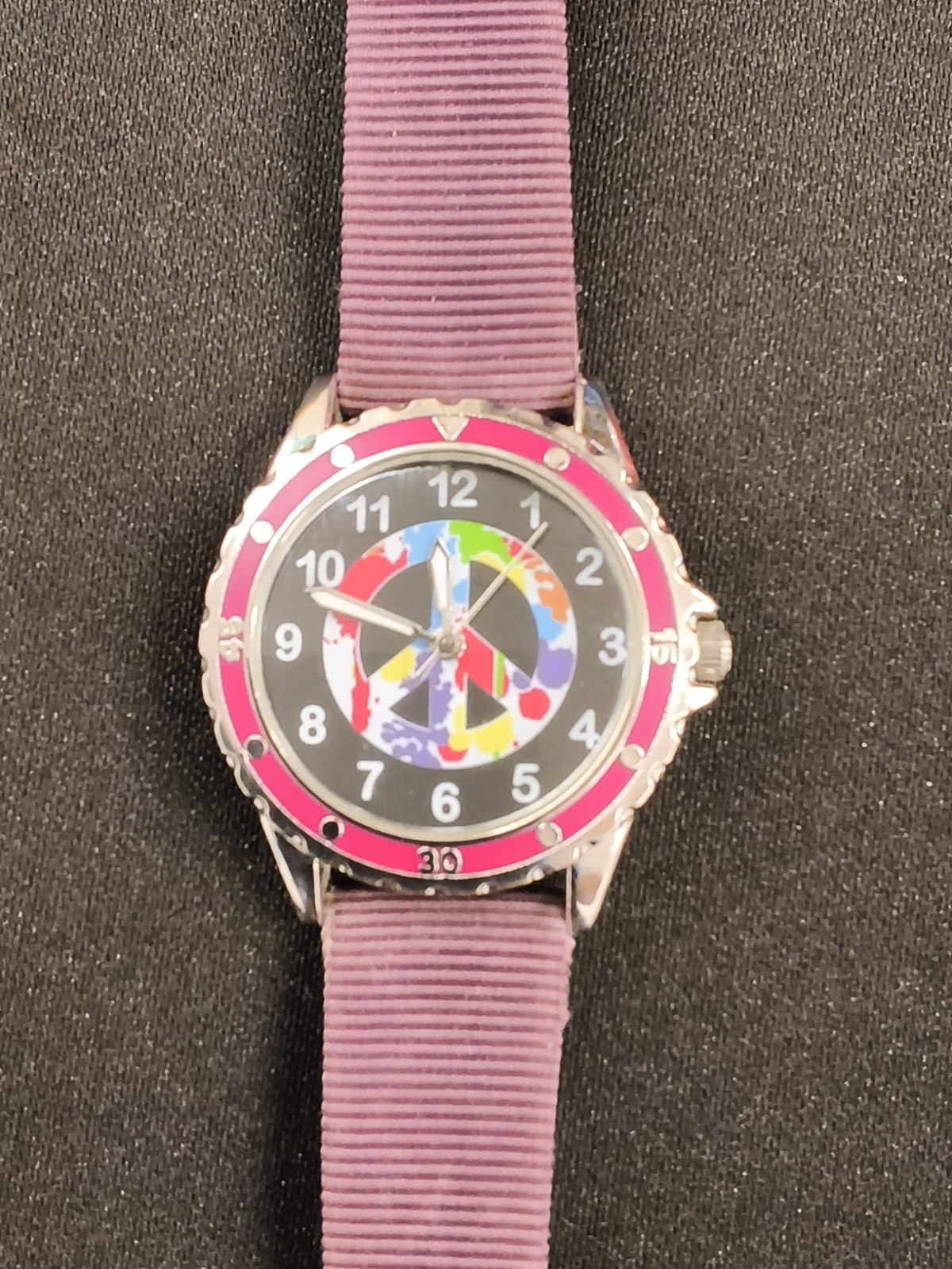 Accutime Silver/Pink Round Peace Sign Black Face Purple Unisex Watch Band #W5175