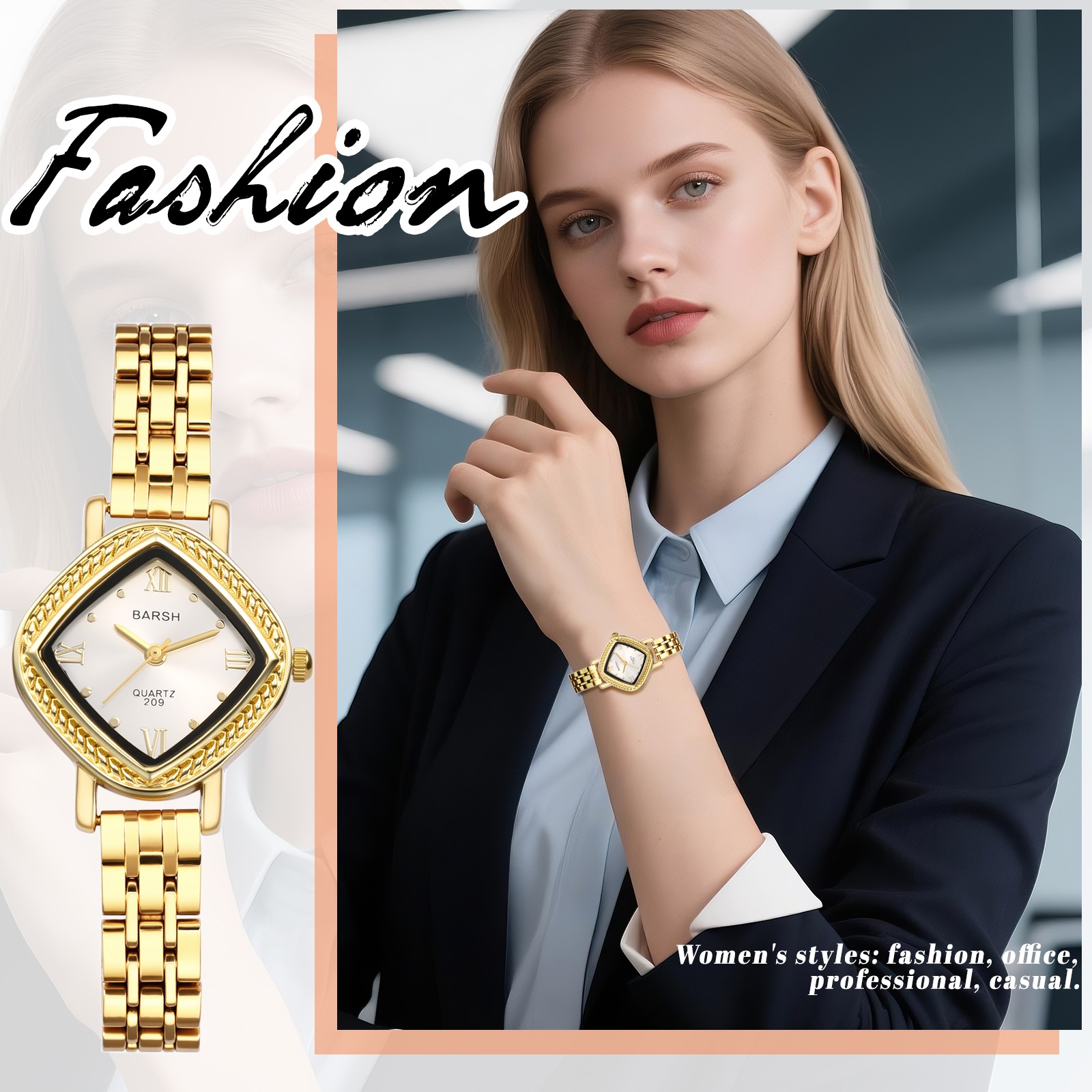 Women Classical Rhombus Case Quartz Wrist Watch Removable Stainless Steel Strap