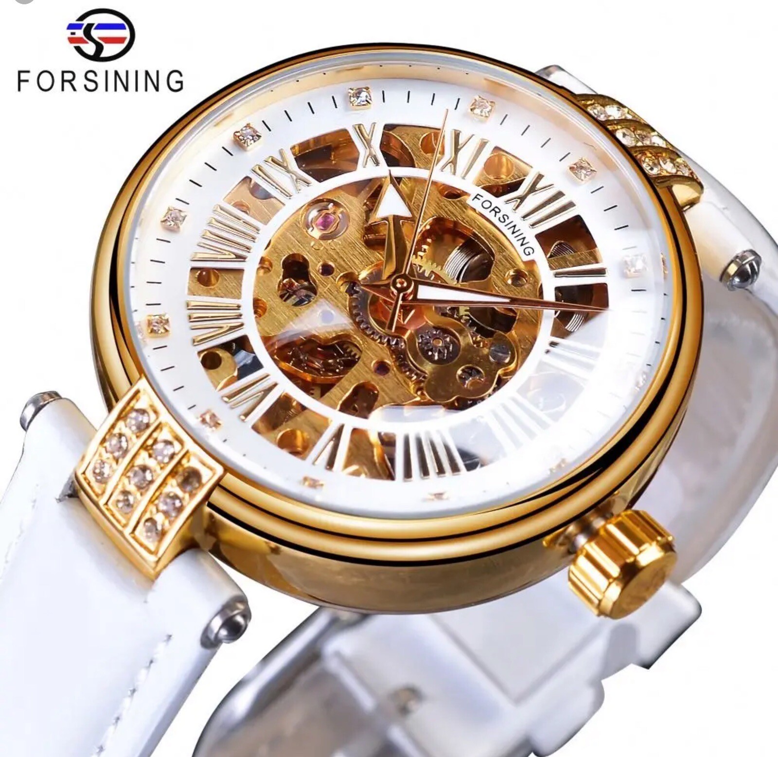 Forsining Womens Automatic Transparent Skeleton White Leather Band Ladies Watch
