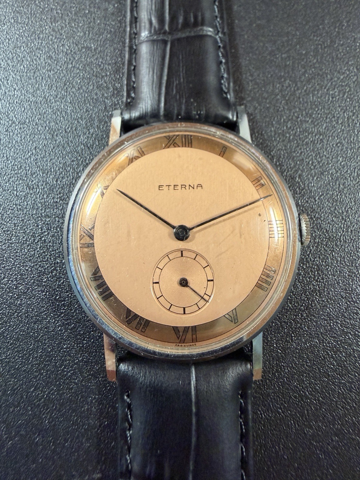 Eterna Vintage Salmon Dial Small Seconds Manual Wind Steel 28mm Swiss Watch 1930