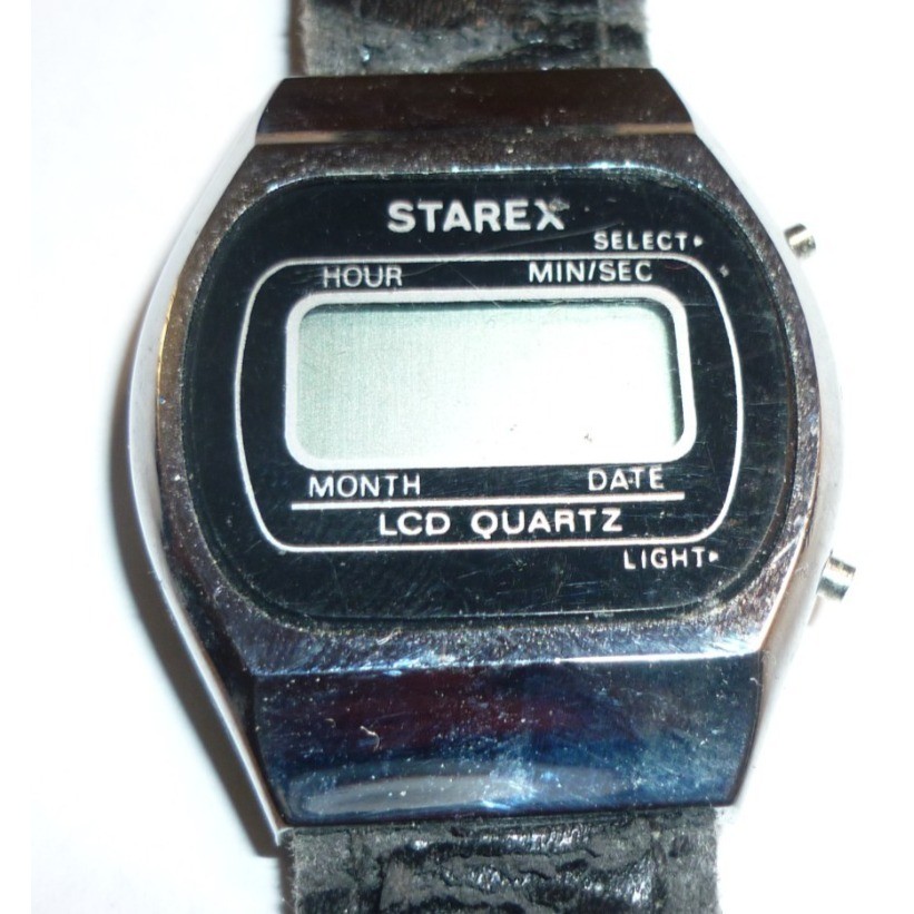 Vintage Starex LCD Quartz Digital Watch Silver Tone Black Band Retro 1980s Style