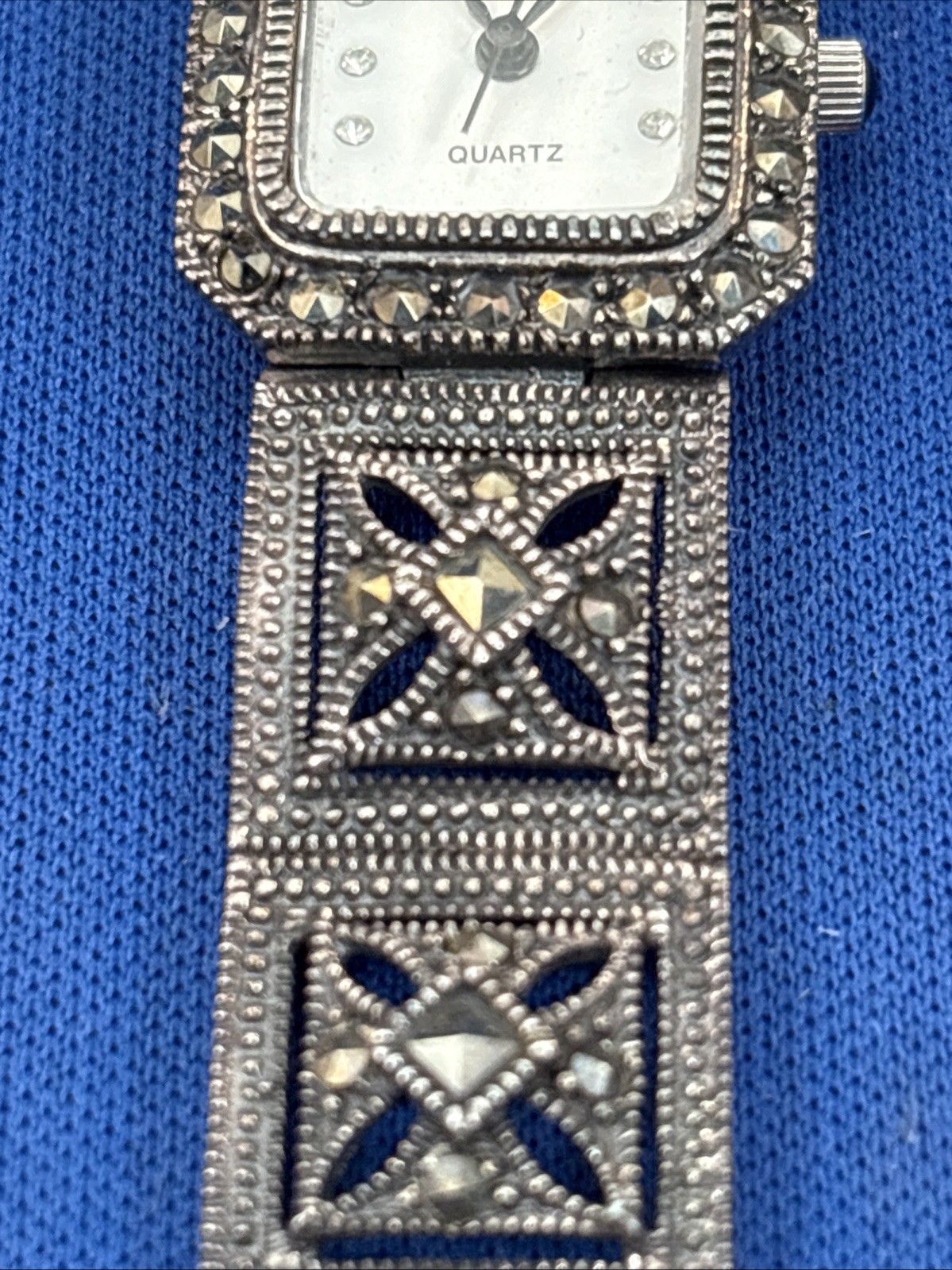 Marcasite, Black Onyx & MOP Sterling Silver Japan Quartz Watch – Untested