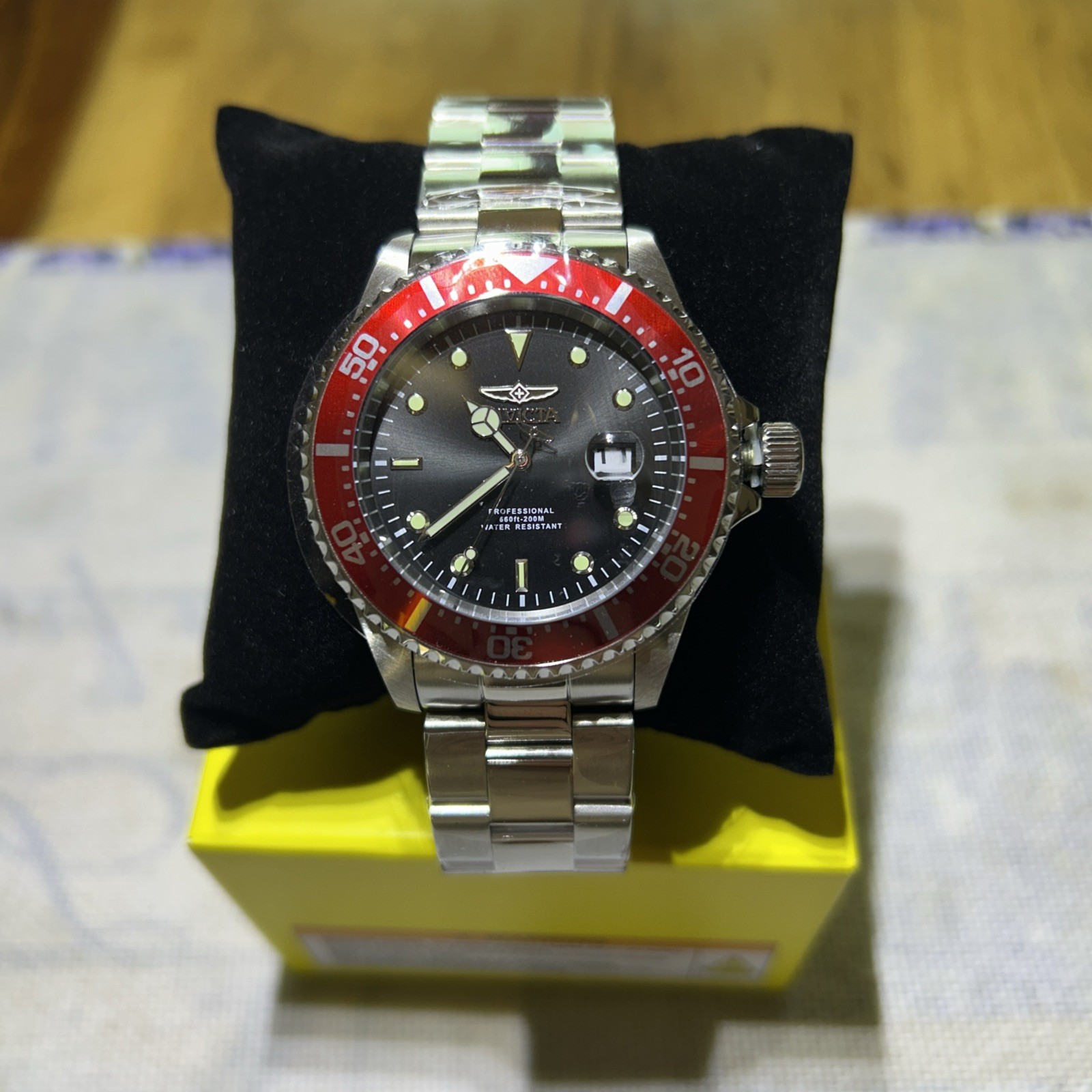 Invicta Men’s Pro Diver Quartz Black Dial Red Bezel Stainless Steel Watch 22020