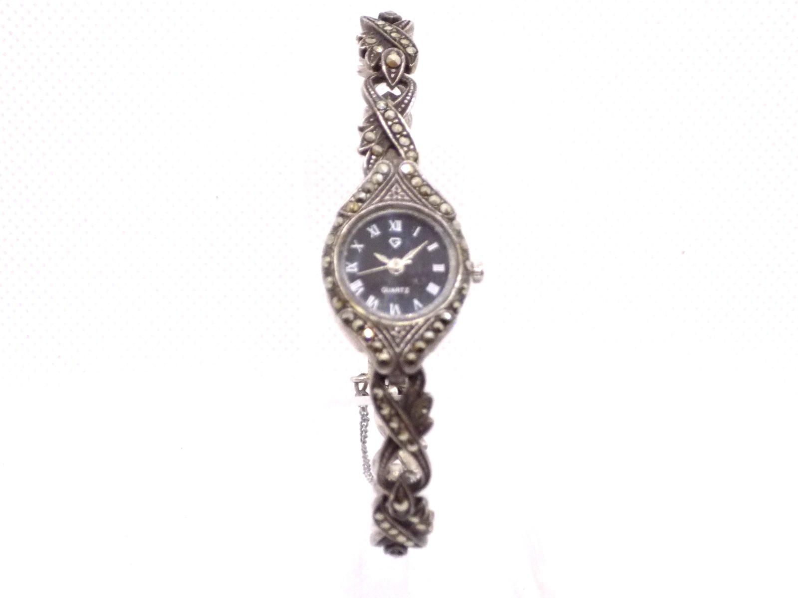 Vintage Art Deco Sterling Silver 925 Marcasite Bracelet Quartz Watch Works Great