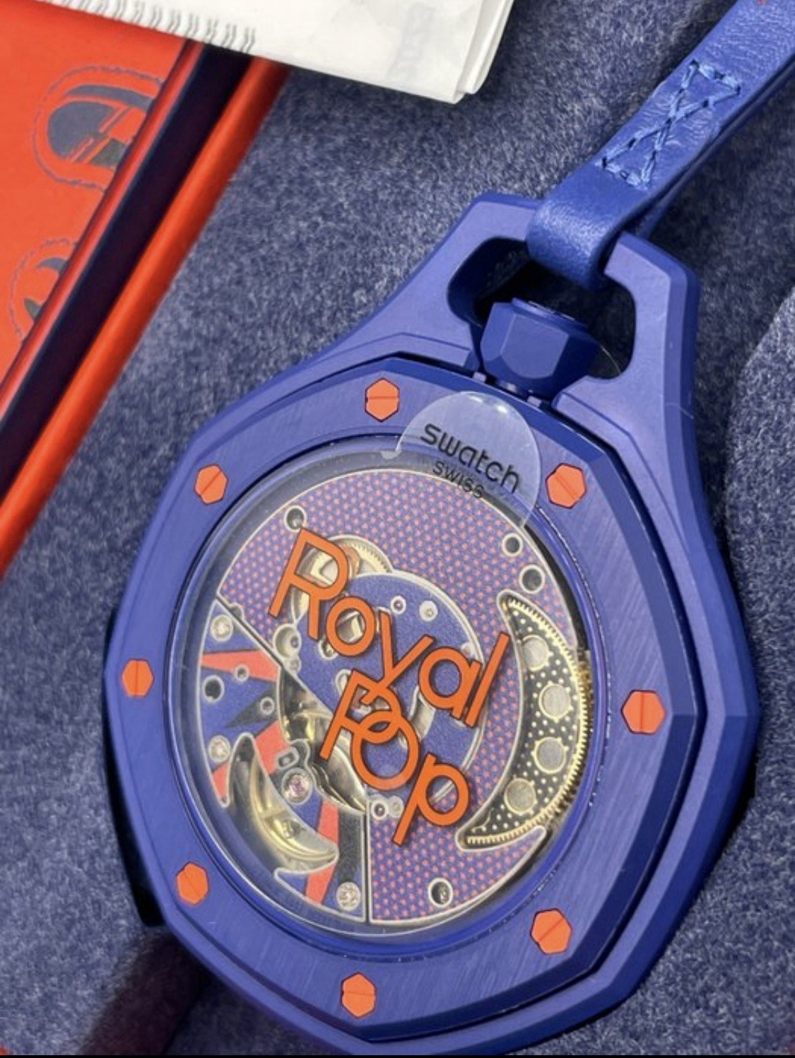 Swatch Royal Pop Quartz Blue Dial Analog Rubber Strap Blue/Orange Bezel w/ Box