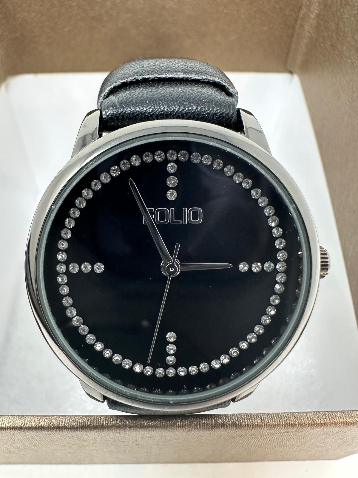 Folio Women’s Simulated Crystal Accent Faux Leather Watch – Black – E1(C811T)