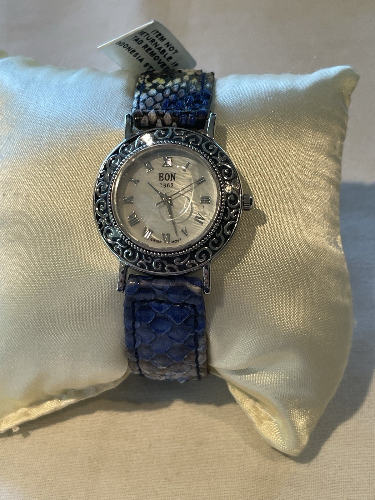 Bali Legacy Eon 1962 Swiss Sterling Silver Case MOP Dial Watch Python Leather