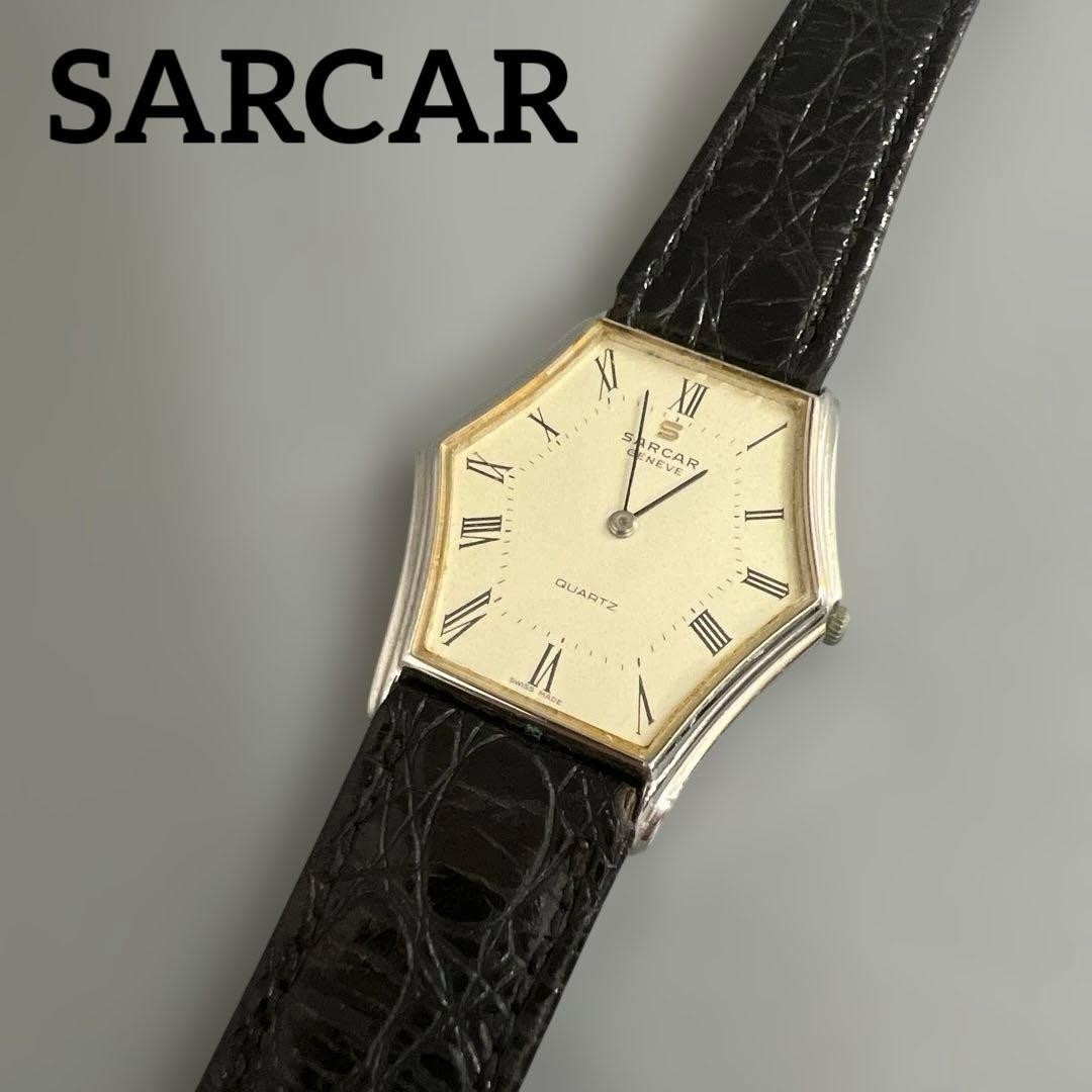 Sarcar Geneve Hexagon Watch Vintage Swiss Rare Ivory Dial Black Strap Retro Junk