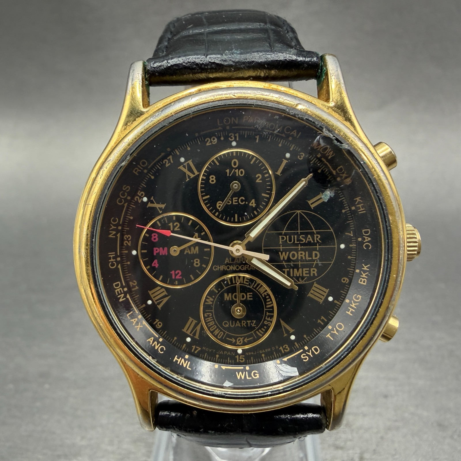Pulsar World Time Watch Men 38mm Black Dial Gold Tone Alarm Chrono N94J-6A50