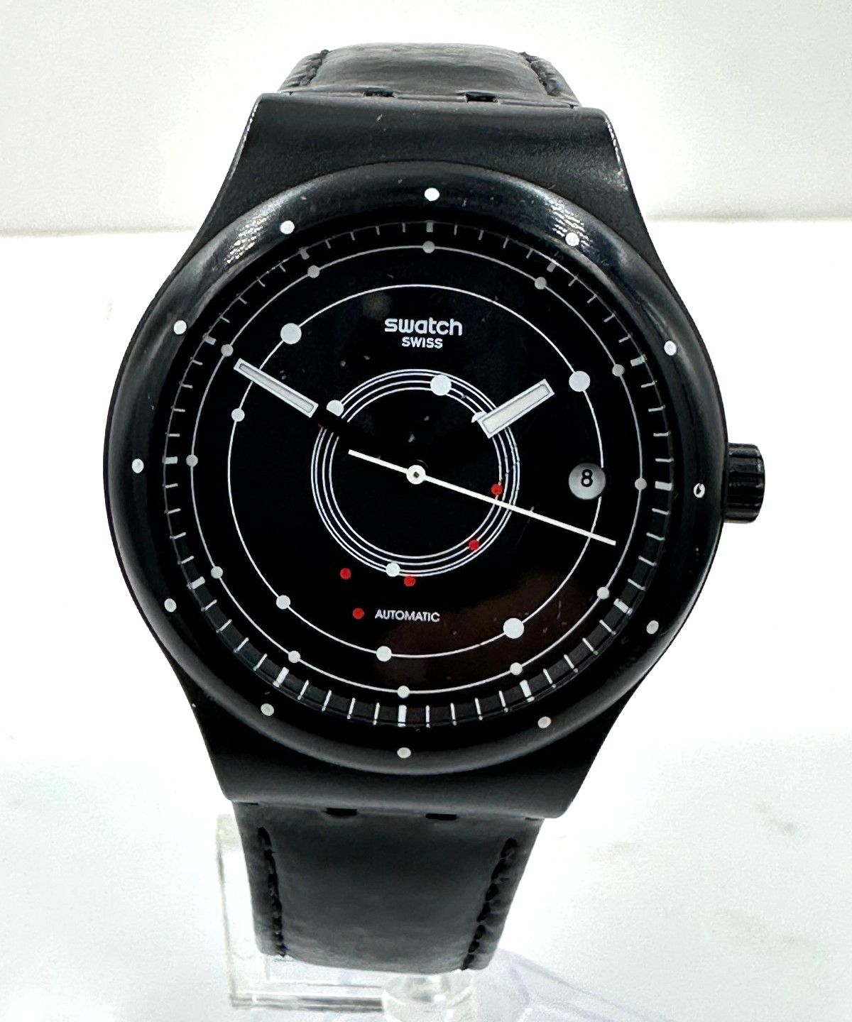 Swatch watch System Black SUTB400 42mm Black leather band Collectible working