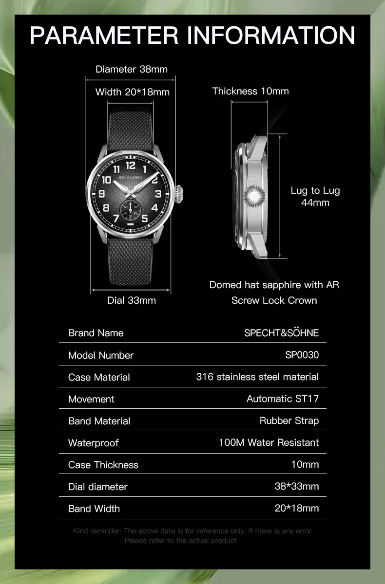 Specht & Söhne Automatic Watch For Men Top Luxury Sports Travel Wristwatch 50ATM