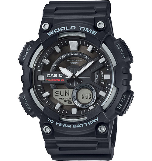 Casio AEQ110W-1AV, World TIme, 3 Alarms, 30 Telememo, Resin, 10 Year Battery