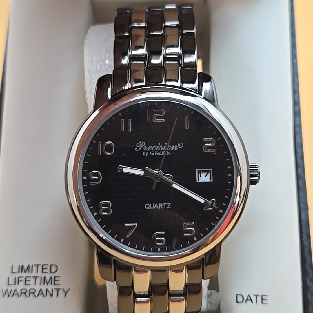 Vtg Precision by Gruen Men’s Silver & Black Watch w/ Date Window & Oysterclasp