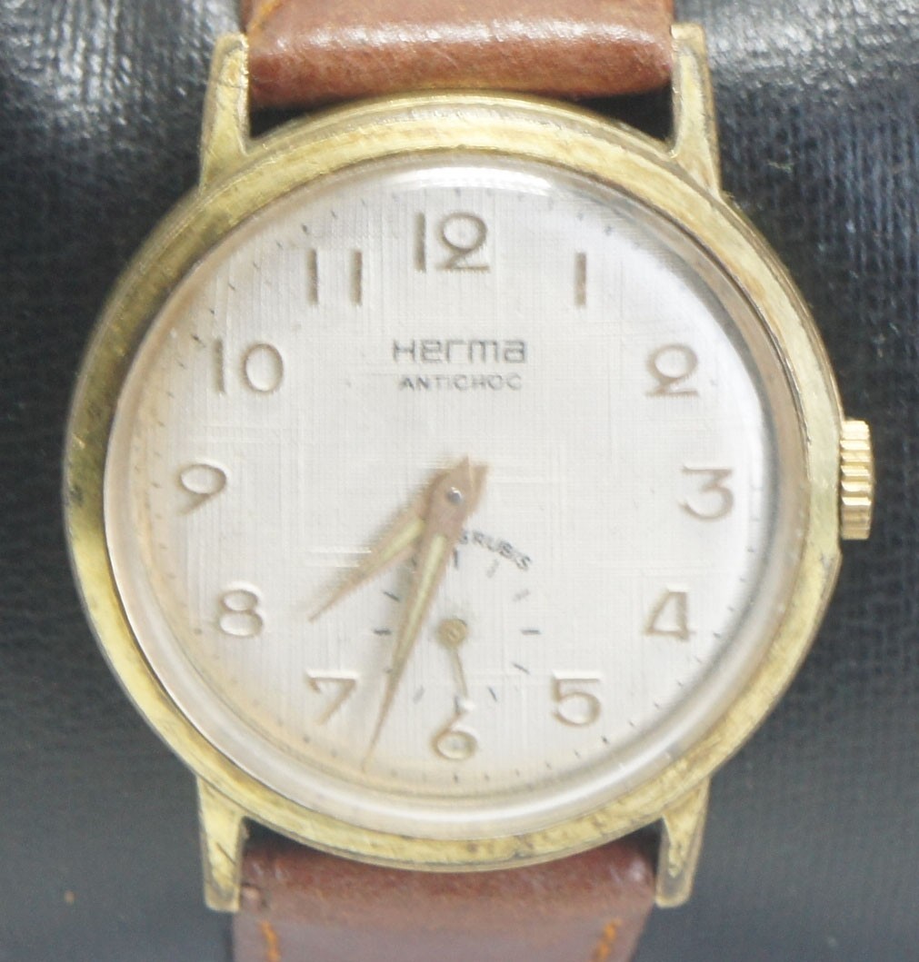 Vintage Herma Antichoc Mechanical Men’s Watch Texture Dial Serviced 32.5mm