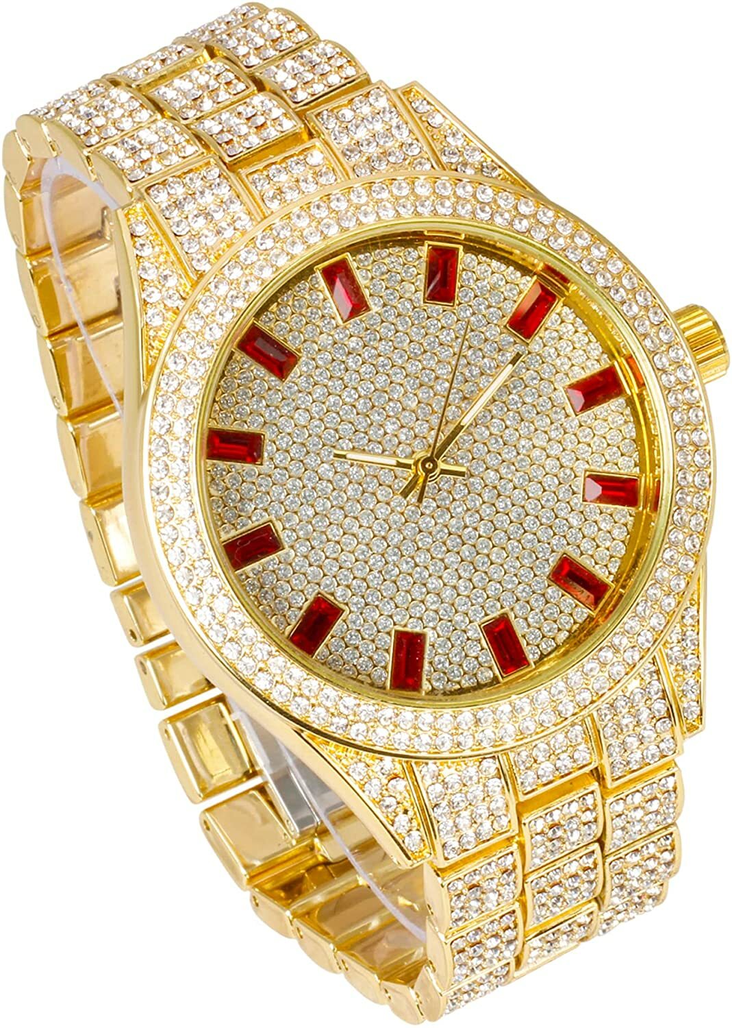 Men Gold Fully Iced Watch Bling Rapper Simulate Diamond Metal Band Luxury Stone