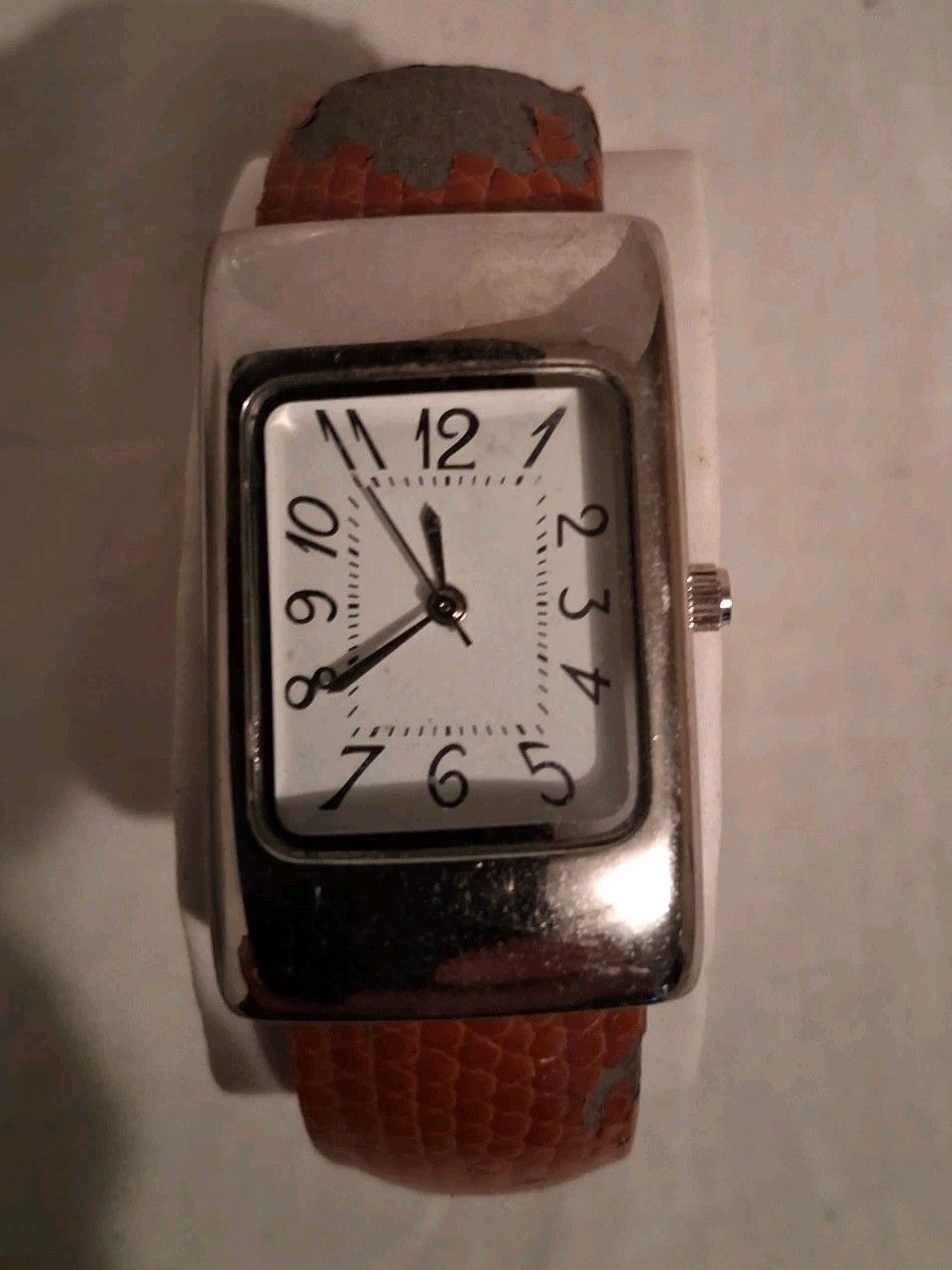 Eikon Watch Silver Toned Brown Cuff Band Rectangular White Face Modern Stylish