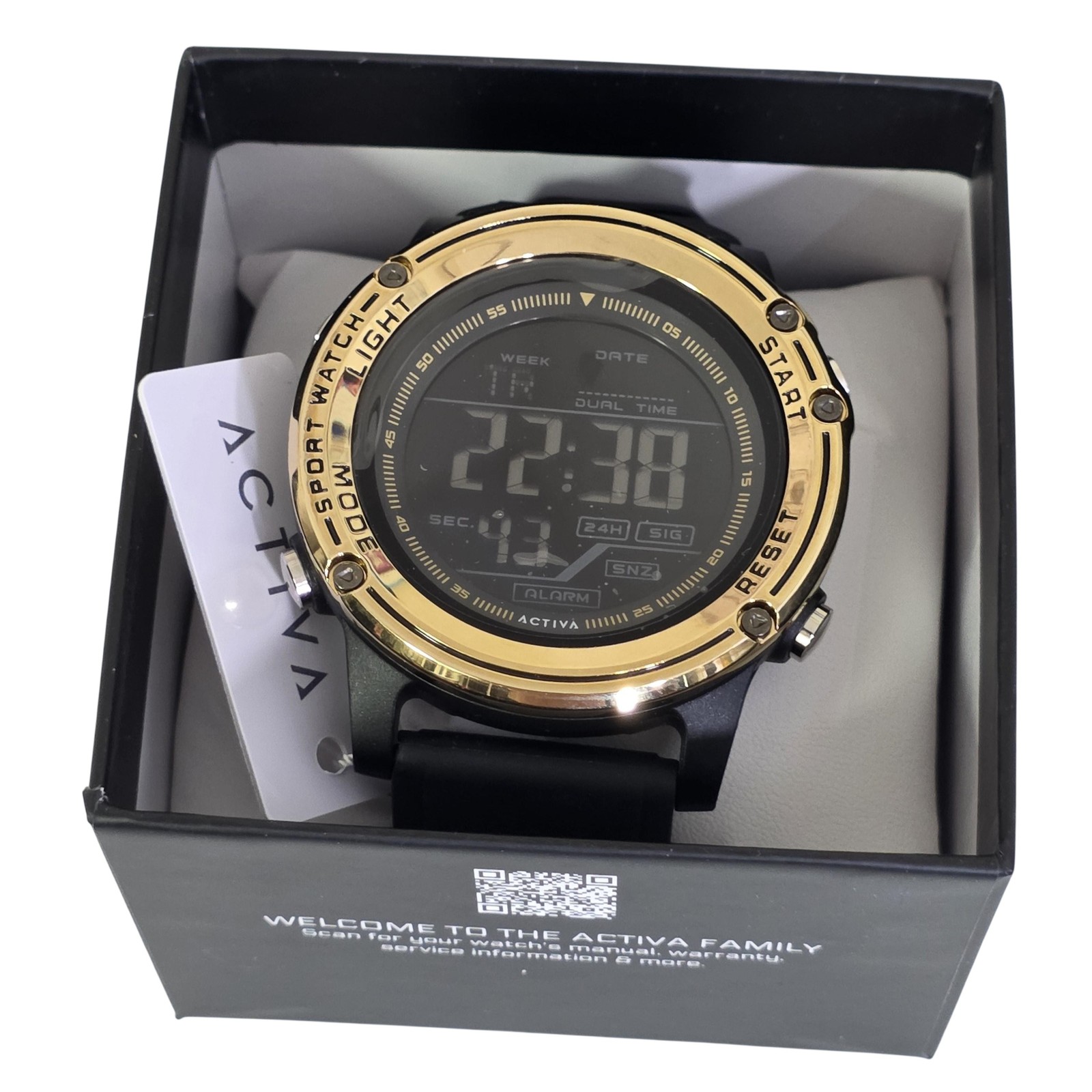 Activa Mens Sport Watch Black Digital Gold Bezel Alarm Dual Time ACW8125-002