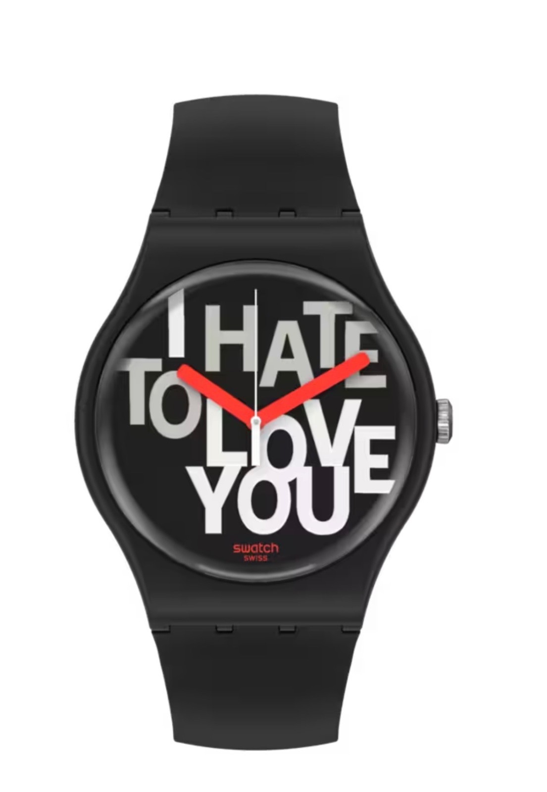 Rare Swiss Swatch Originals Hate 2 Love Black Silicone Watch 41mm SUOB185