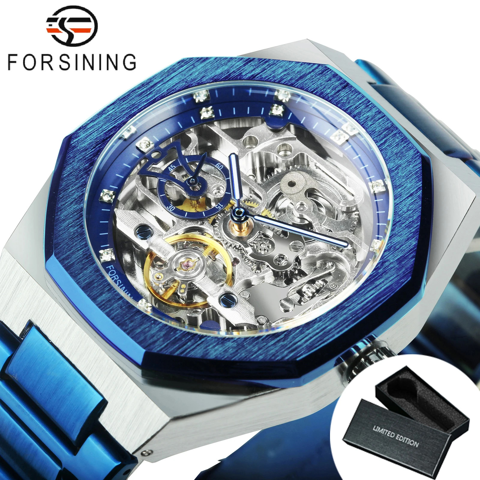 FORSINING Men’s Automatic Mechanical Watch Skeleton Dial Luminous Steel 40mm