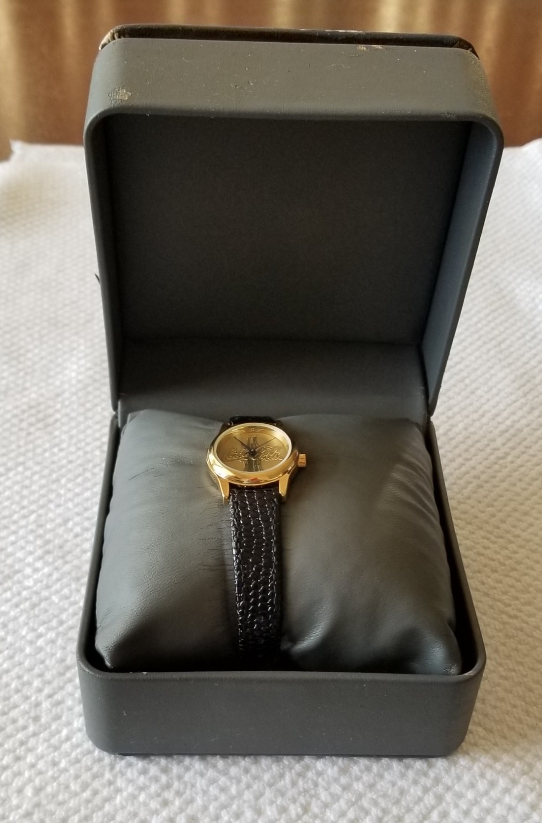 Selco Geneve Gold Tone Watch Coca-Cola Dial Black Leather 5″-6.5″ New Battery