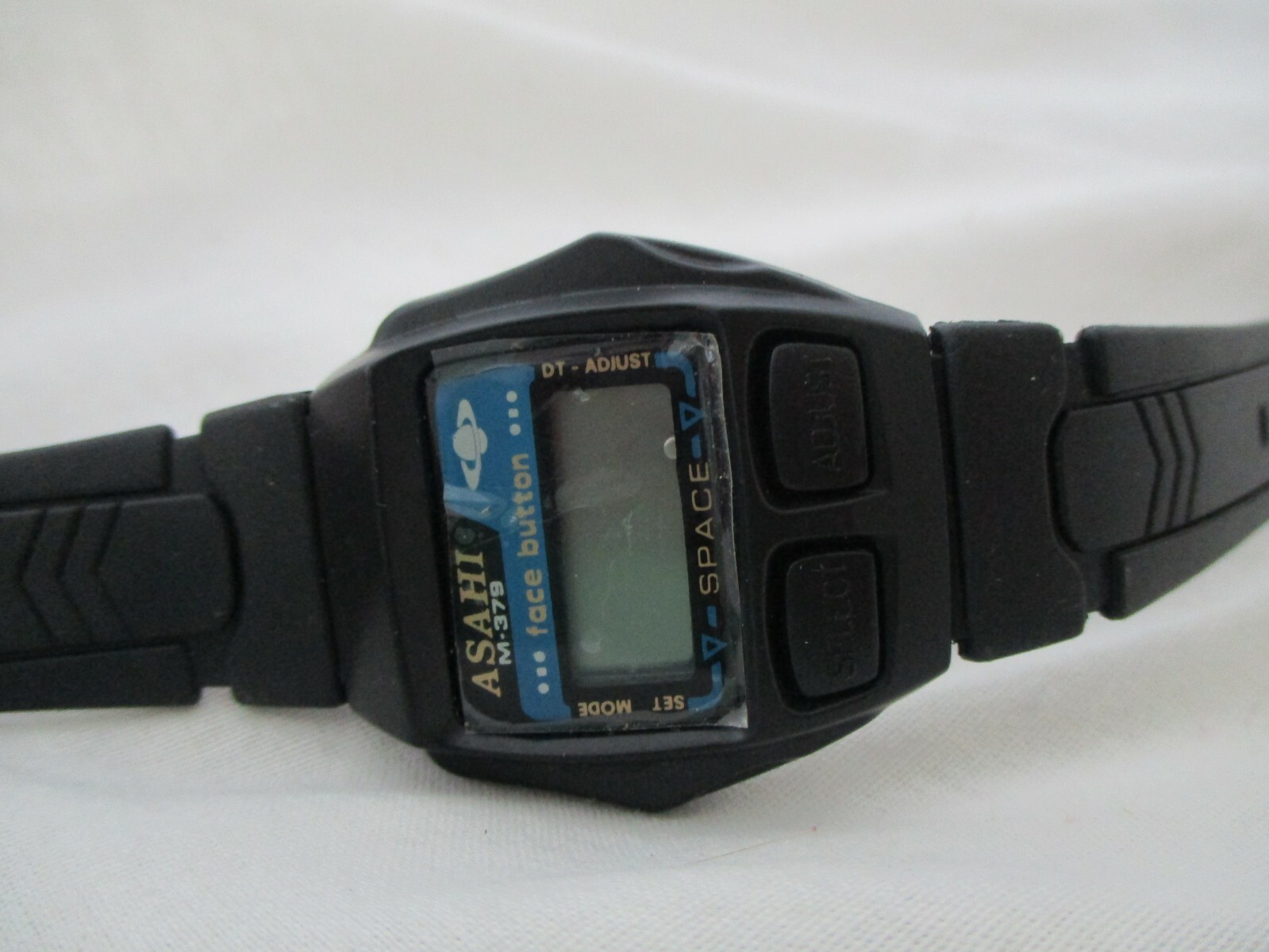 Asahi M-379 Digital Watch Face Button Space Modern Black Buckle Band UNTESTED