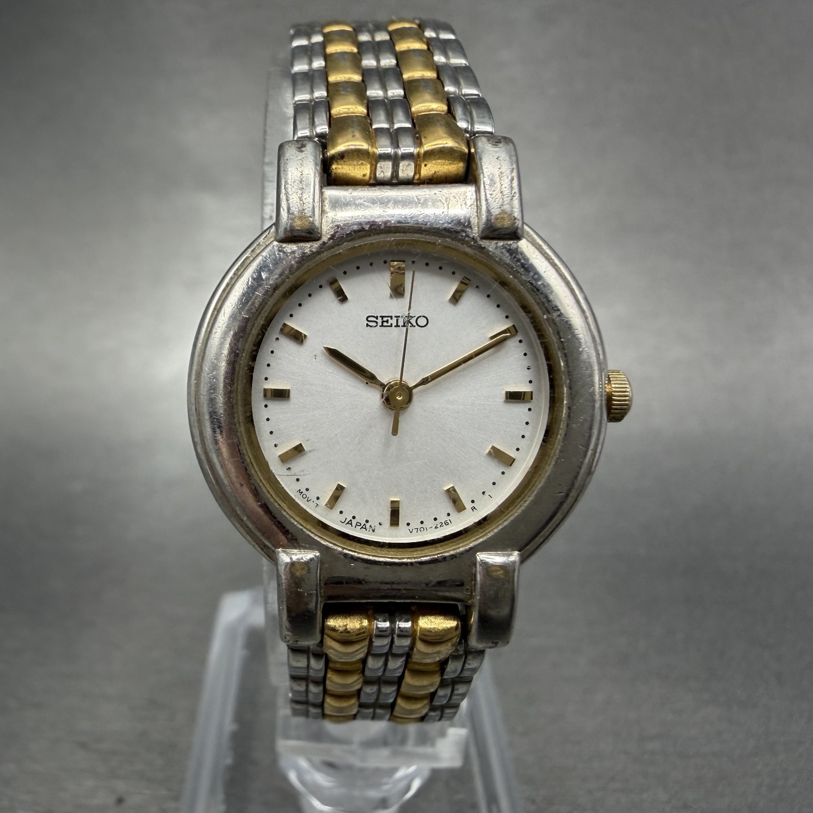 Seiko Watch Women 24mm Silver Dial Two Tone Round V701-1791 New Battery