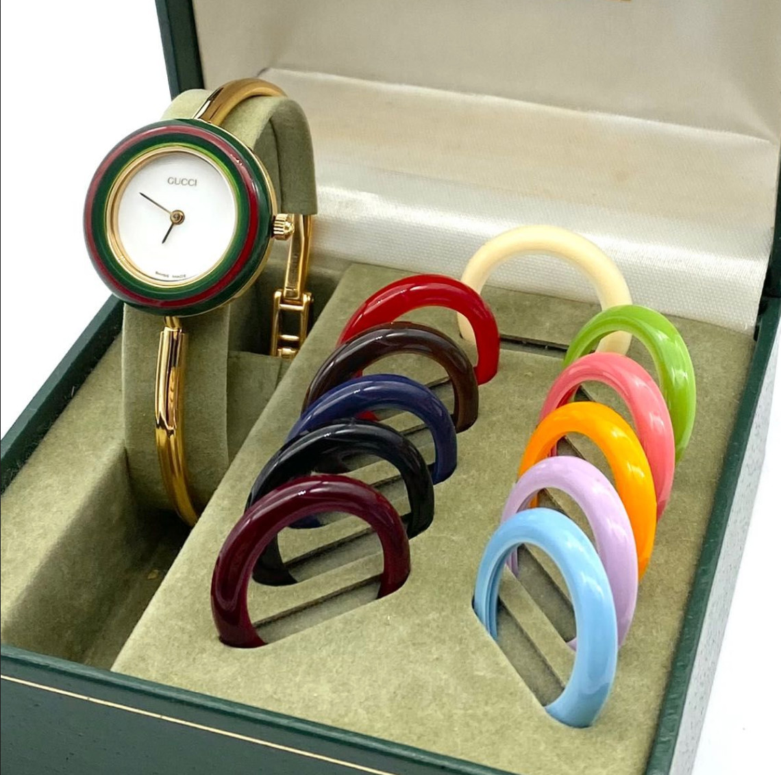 Gucci Change Bezel 12 Colors White /Gold Dial Women Watch Box