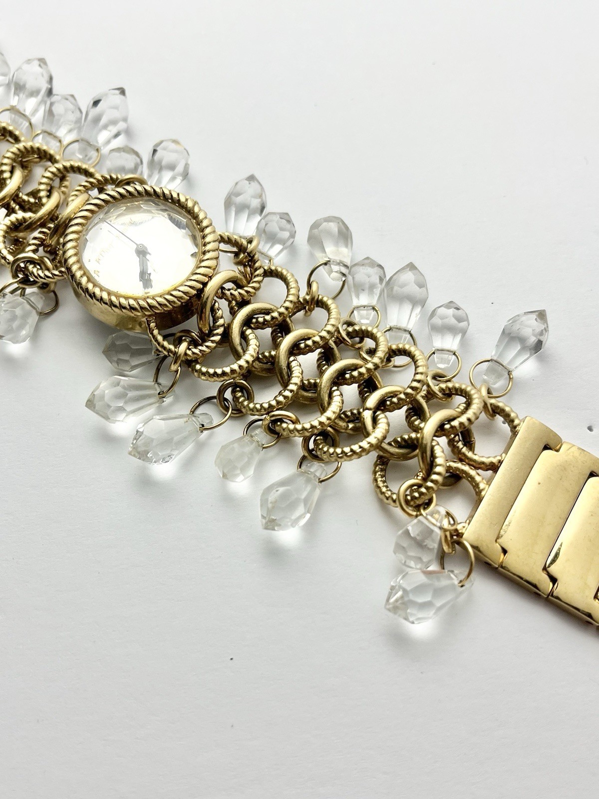Betsey Johnson Watch Gold Tone Stainless Metal w/Faceted Hanging Crystals