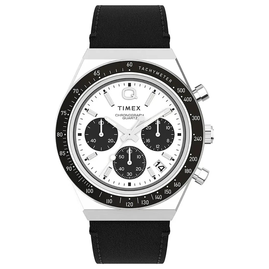 New Timex Q Chronograph Motorsport Stainless Steel Leather Panda Watch TW2W53400