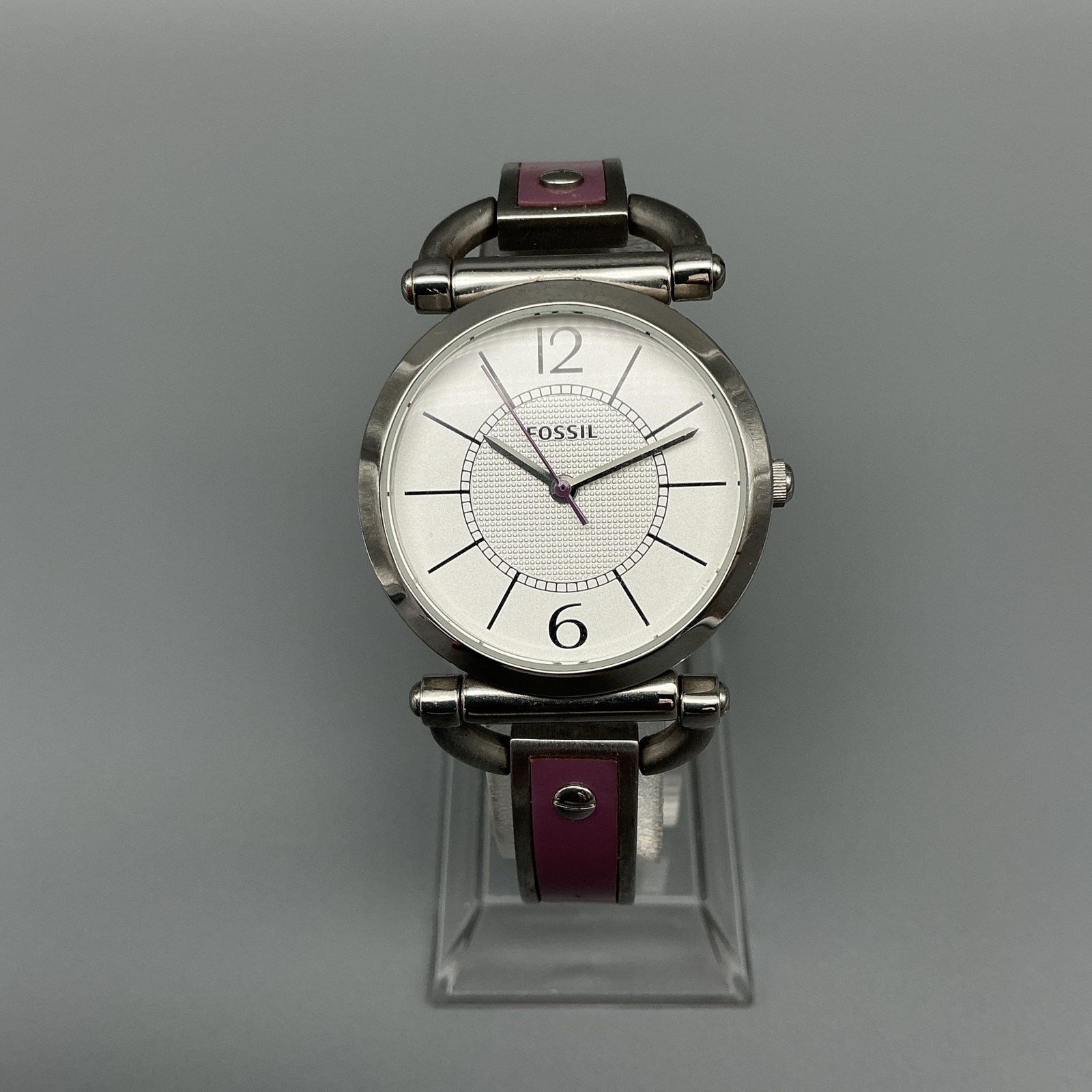 Fossil ES-2472 Womens Watch 30mm Silver Tone Purple Inlay Stainless New Battery