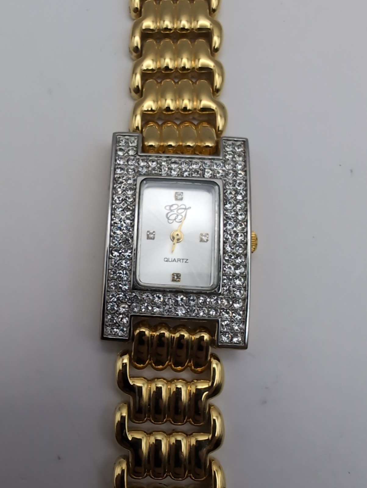 Vintage EJ Womens Tank Quartz Gold Tone Watch With Rhinestones Analog New Batt