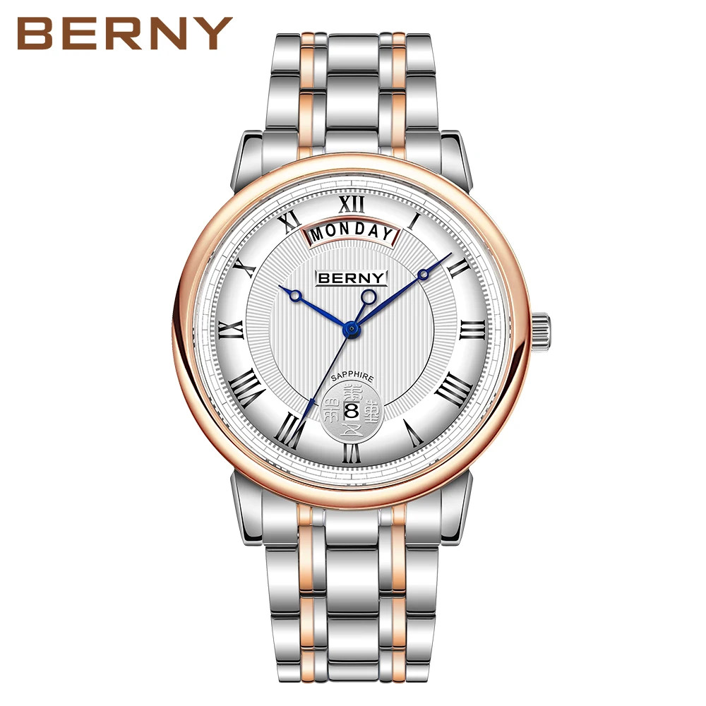 BERNY Men’s Quartz Watch Miyota VJ55 Day Date Sapphire Glass Waterproof 40mm